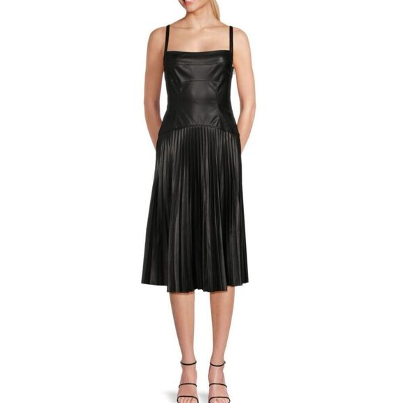 PROENZA SCHOULER Pleated Drop Waist Faux Leather Dress in Black NWT Size 2 - Picture 2 of 9